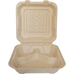 International Tableware - TG-B-993 - 9 in x 9 in x 3 in Hinged 3 Compartment Sugarcane Container image