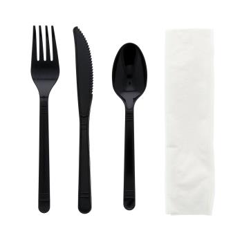 18694 - AmerCare - 4KP405B - Wrapped Black Disposable Plastic Cutlery Set Product Image